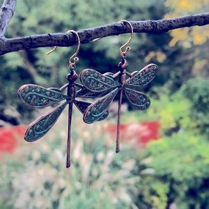 Handcrafted brass Verdigris dragonfly earrings